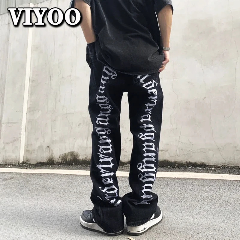 Men's Y2K Clothes High Street Streetwear Letters Embroidery Casual Baggy Jeans Men Straight Ripped Trousers Denim Wide Leg Pants
