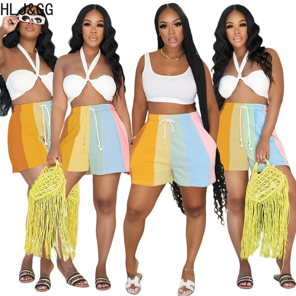 HLJ&GG Casual Multicolour Stitching Drawstring Shorts Women High Waist Loose Party Holidays Clothing Summer Female Pocket Shorts