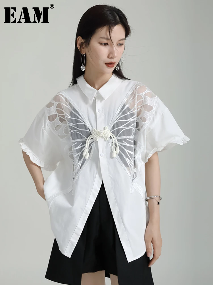 

[EAM] Women Both Side Wear Hollow Out Big Size Blouse New Lapel Short Sleeve Shirt Casual Fashion Spring Summer 2023 1DF9320