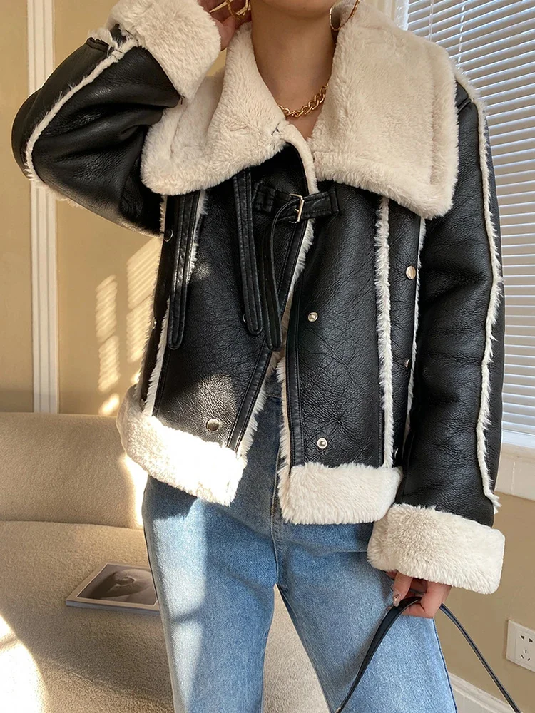 

Женская байкерская куртка из искусственной кожи, мягкая однобортная парка из овечьей кожи, теплая Байкерская верхняя одежда, новинка зимы 2023
