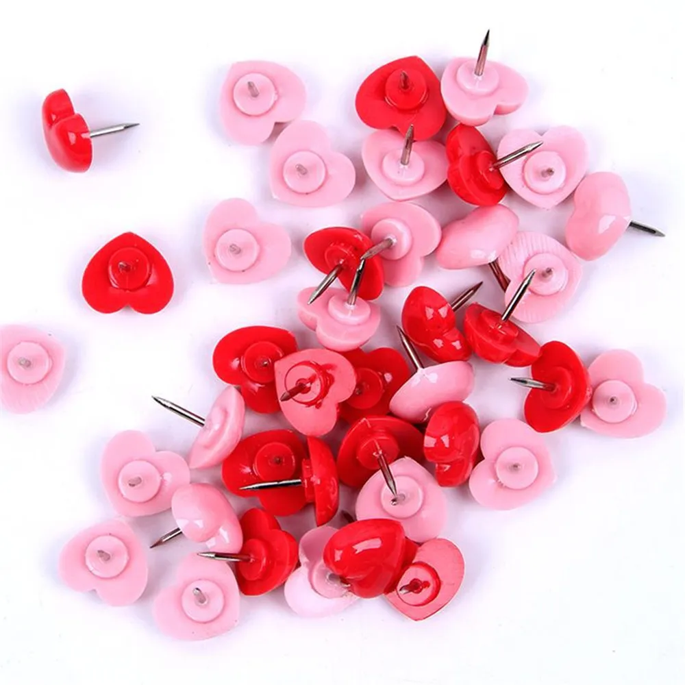 

50 Pcs/box Heart Shape Thumb Tack Red Pink Plastic Pin For Wall Decoration Thumbtacks Photo Push Pins Office School Supplies