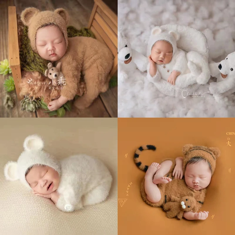 Dvotinst Newborn Baby Boys Photography Props Cute Bear Tiger Hat Mink Yarn Outfit Infant Fotografia Studio Shooting Photo Props