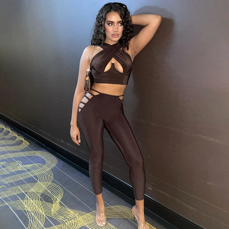 

Balogun Solid Skinny Womens 2 Two Peice Sets Outfits Hollow Out Halter Top Sweatsuits Streetwear Club Brown Pants Set Tracksuit