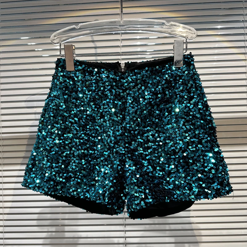 Female Straight Hot Pants 2023 Spring Summer New Women's Full Sequined Shiny Heavy Work Zipper Nightclub Socialite Short Shorts