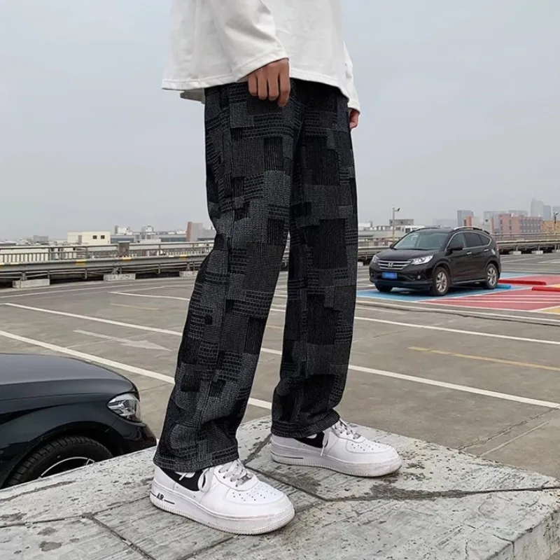 Blue/Black Plaid Jeans Men Fashion Retro Casual Straight Jeans Men Streetwear Loose Hip Hop Denim Pants Mens Trousers S-2XL