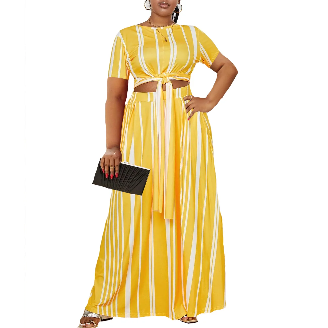Plus Size Two Piece Dress Striped Lace Up Wide Loose Cloth Women Casual Evening Luxury Robe 2023 Summer Trendy New Party Dress