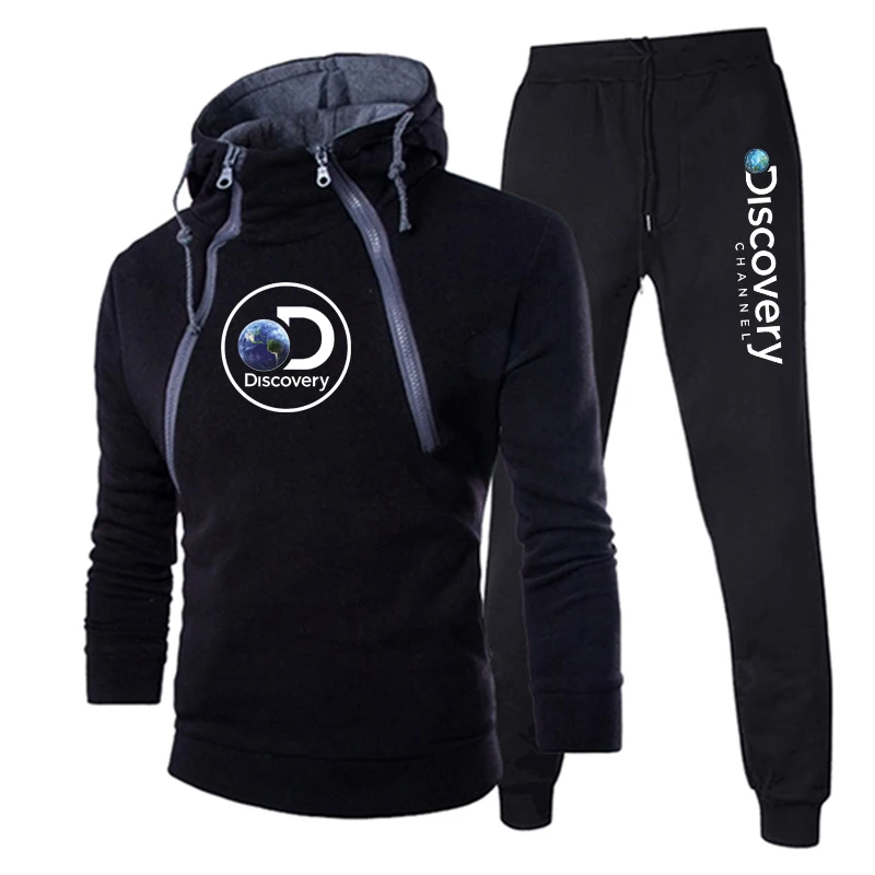 

Autumn Winter hoodie suits Male Sportswear Motorcycle Sweatshirt and Pants 2PCS Set Double Zipper fleece Men Hooded Tracksuit