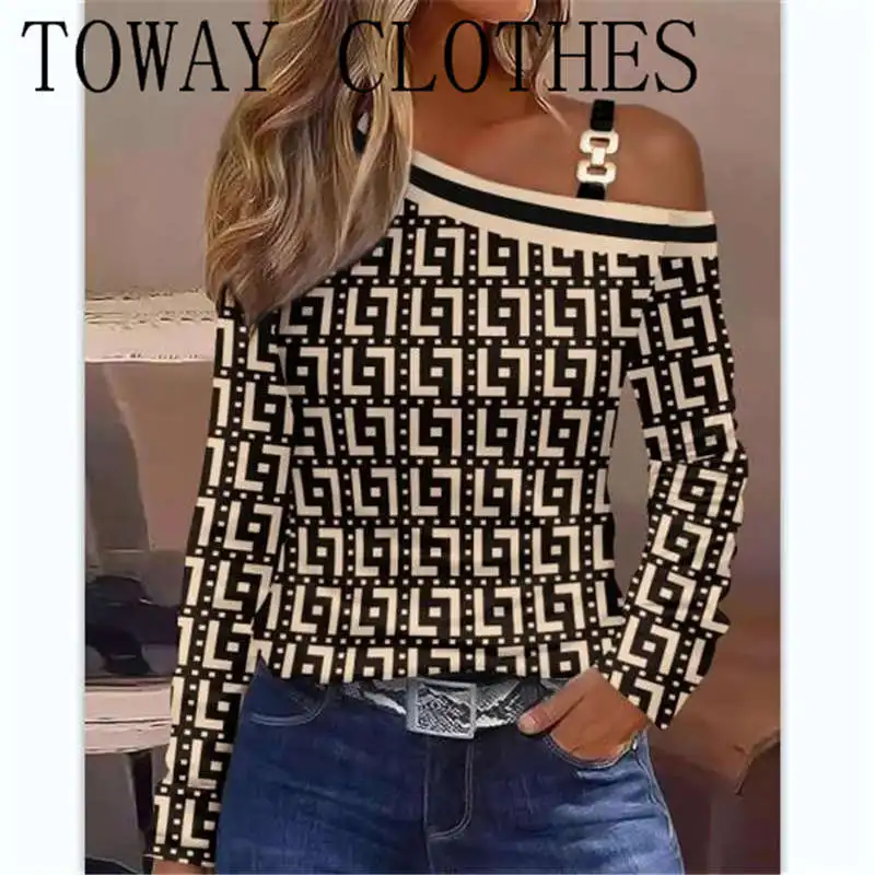 

Fashion New Women Blouse Diagonal Collar Metal Sheet One Shoulder Shirt Ladies Elegant Office Causal Slim Blouse Female