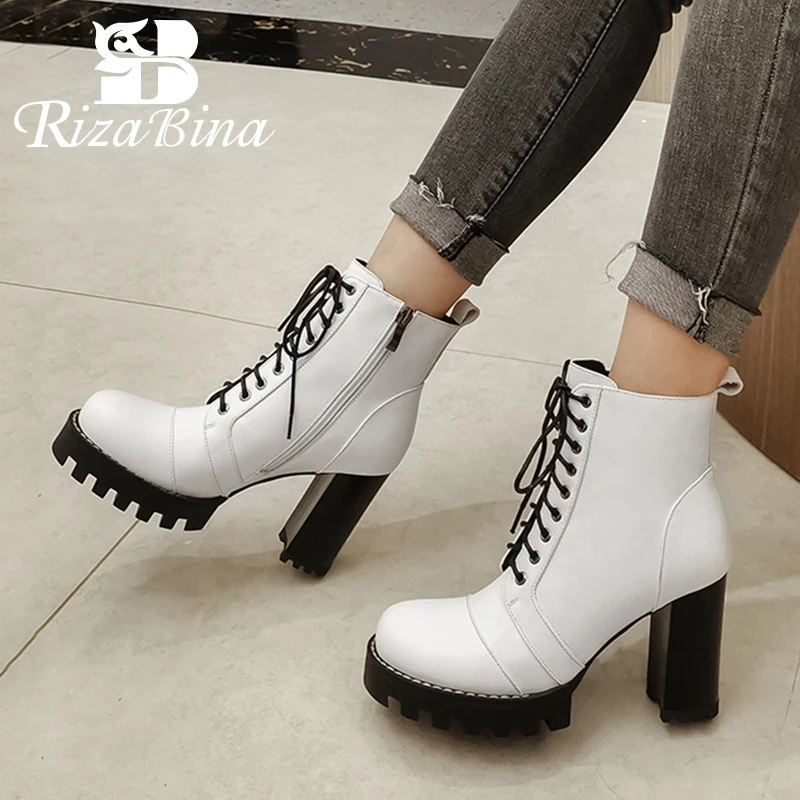 

RIZABINA Real Leather Winter Women Short Boots Platform Women'S Shoes Fashion High Heels Female Ankle Boot Footwear Size 34-42
