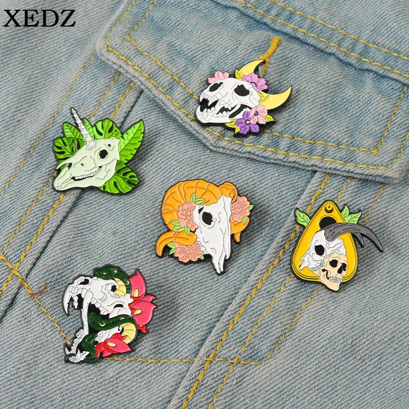 

XEDZ Goat Skull Enamel Pin Custom Flower Skull Brooch Clothes Bag Lapel Badge Gothic Punk Animal Jewelry Gifts for Friends