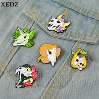 xedz goat skull enamel pin custom flower skull brooch clothes bag lapel badge gothic punk animal jewelry gifts for friends