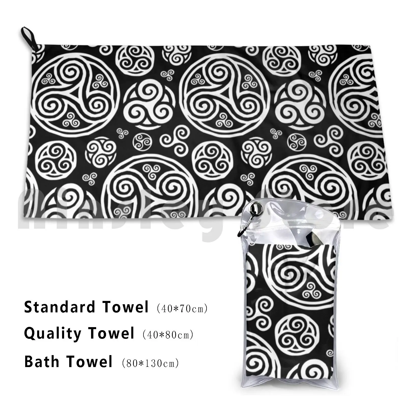 

White Triskels On Black Bath Towel Beach Cushion Triskel Triskele Breton Bzh Breizh Bretagne Irish Kelt