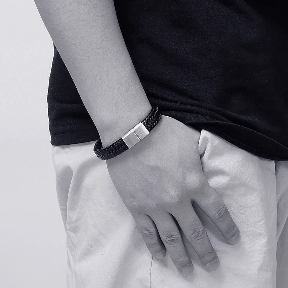 Износостойкий браслет из натуральной кожи FIREBROS черный/синий/красный нержавеющей