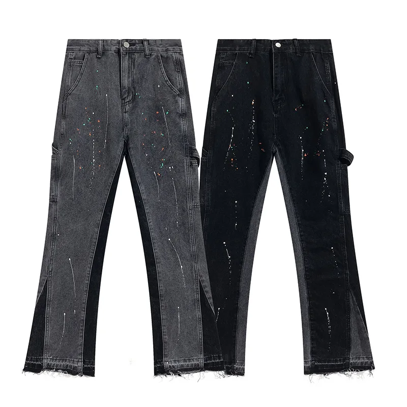 

2023 GALLERY DEPT Spliced Wash Vintage Jeans Men's and Women's High Street Speckled Pants Micro Ragged Casual Pants