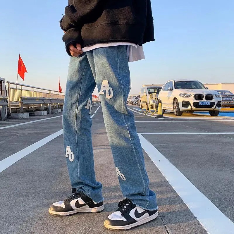 2022 High Street Letter Embroidery Hip Hop Men Slim Jeans Pants Luxury Y2K Clothes Kpop Casual Denim Trousers Pantalones Hombre