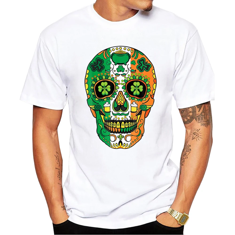 Teehub O-Ausschnitt Kurzarm männlich lässig Männer Kleidung Vintage Streetwear Glück Shamrock Blumen Zucker Schädel Druck Männer T-Shirt – Detail 4