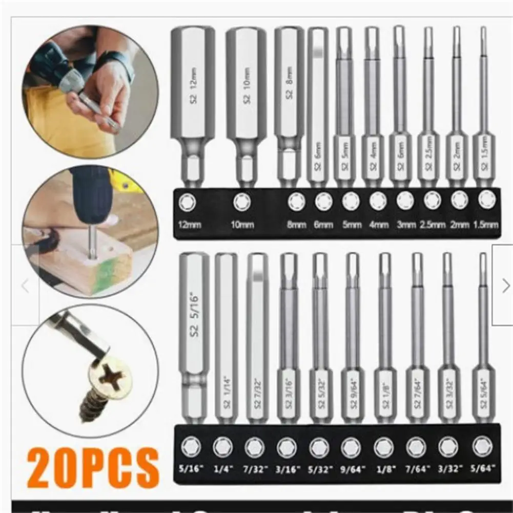 

20pcs 1/4" Magnetic Hex Head Allen Wrench Screwdriver Drill Bit Set High Precision High Hardness Metric/sae Drill Bit
