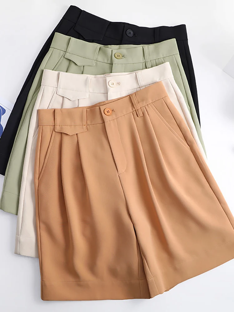 Summer Green Shorts Women High Waist Straight Knee-length Shorts for Women with Pocket Wide Leg Casual Short Pants Ladies Office