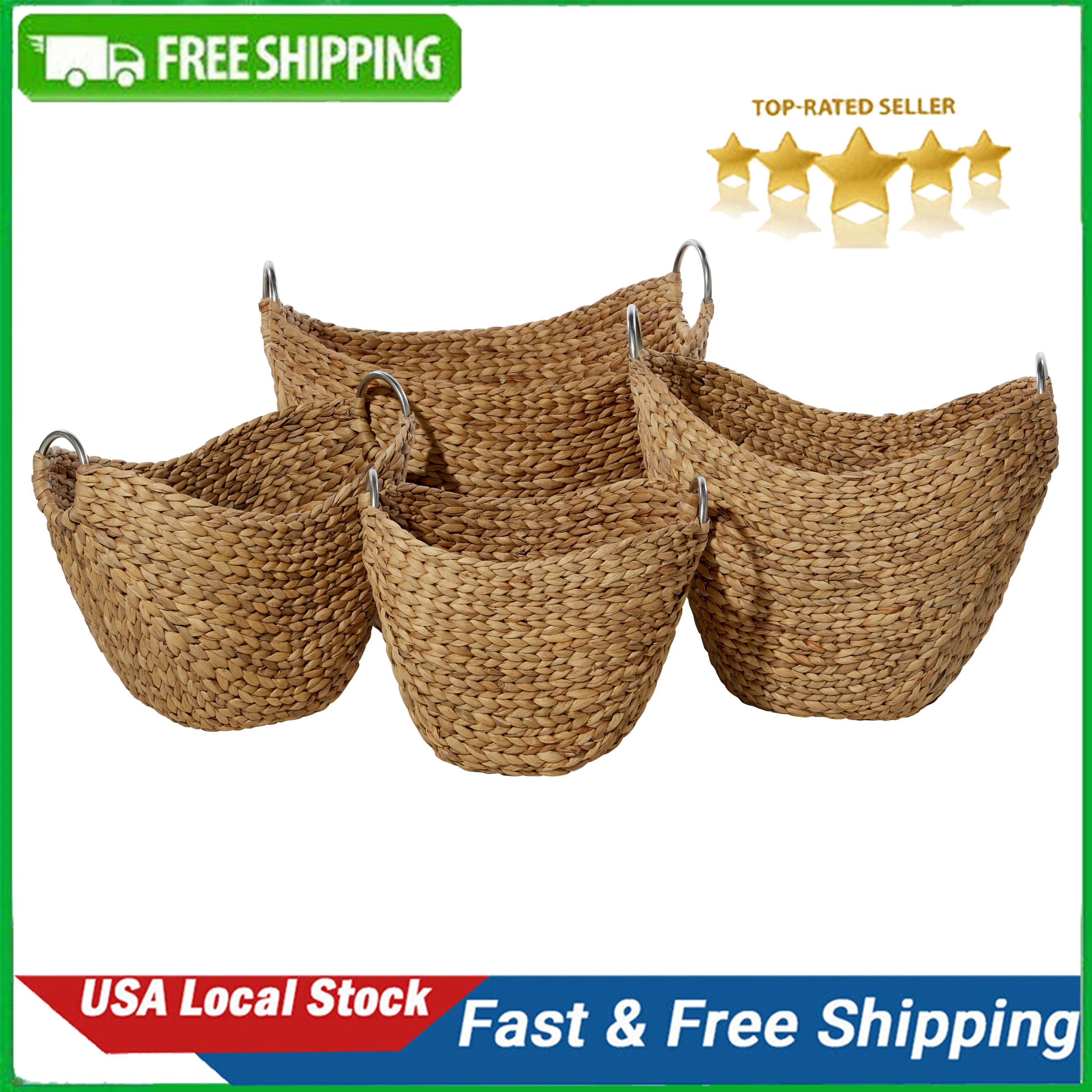 

14", 16", 19", 21"W Brown Seagrass Handmade Woven Storage Basket with Metal Handles, 4-Pieces