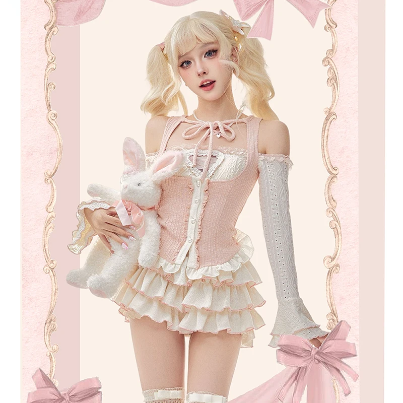

Kawaii Y2K Women 3 Pieces Sets Sweet Sexy Slim Shirts Pink Lace Up Tops Mini Tutu Skirts Elegant Casual Lolita Outfits 2023 New