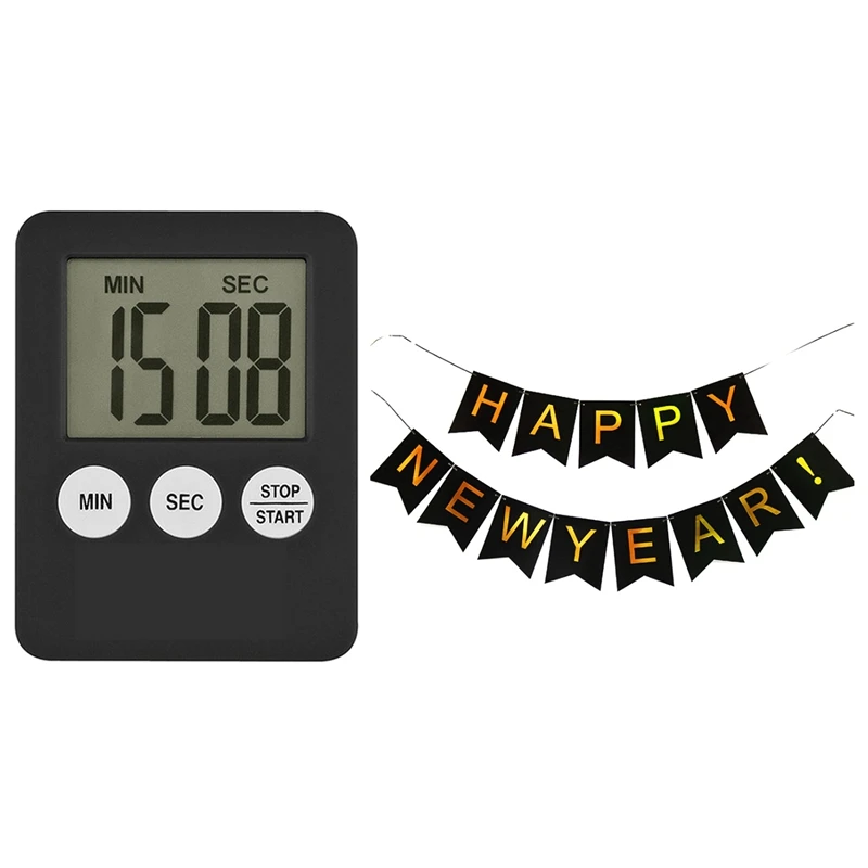 

HAPPY NEW YEAR Letters Bunting Banner Hanging Flags With LCD Digital Screen Timer Cooking Count Up Countdown Alarm Clock