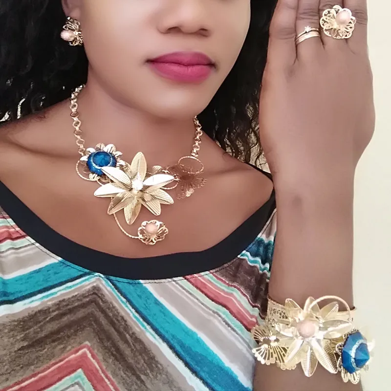 

African Necklace Earrings Bracelet Ring Jewelry Set Exaggerated Choker Necklace Two-hand Bracelet Ethiopian Women Wedding Party