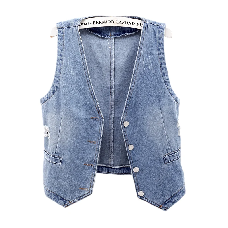 

Summer Vintage Light Blue V Neck Holes Denim Vests Women Slim Short Cowboy Waistcoat Casual Sleeveless Jeans Vest Coat Female