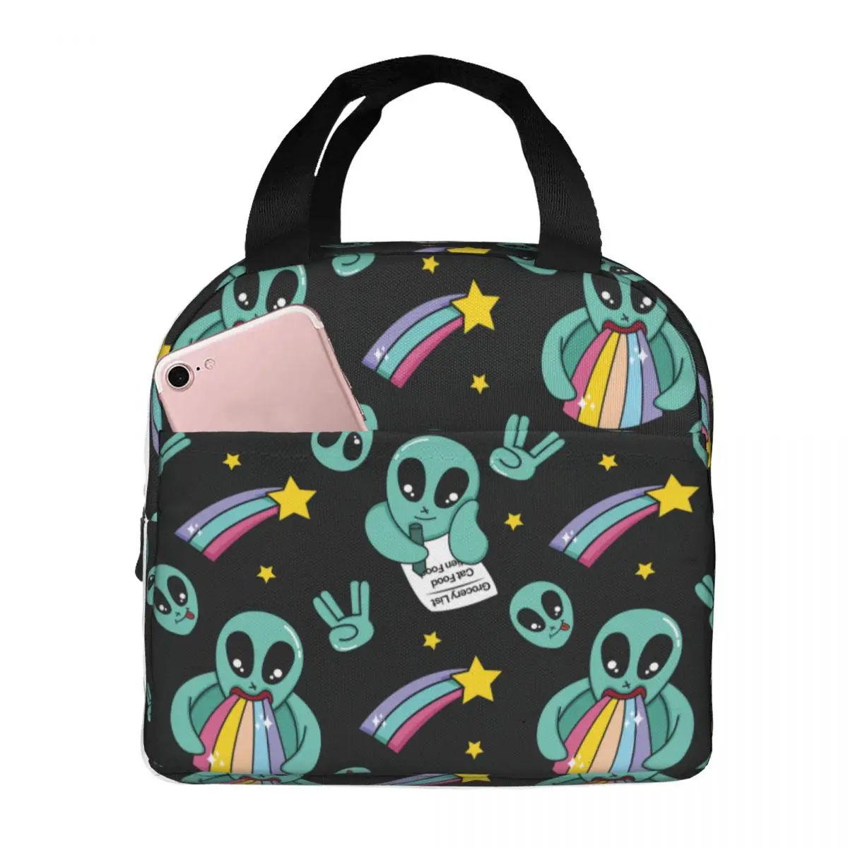 Colorful Cute Alien And Rainbow Lunch Bags Waterproof Insulated Cooler Bags Thermal Cold Food Picnic Lunch Box for Women Kids