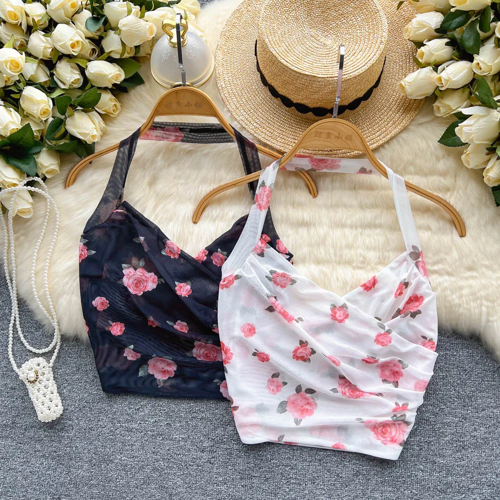

Women New Fashion Sweet Hanging Neck Floral Print Vest Wearing Sexy Sleeveless Slim Short Tops Ropa De Mujer F213