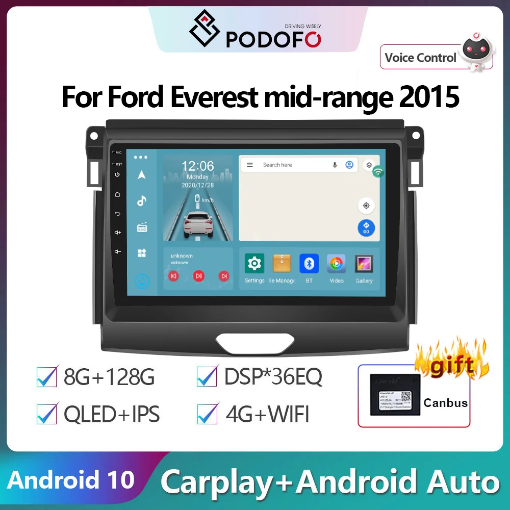 

Автомагнитола Podofo, мультимедийный видеоплеер на Android 12, с GPS, для Ford Everest, среднего диапазона, типоразмер 2DIN, 2015