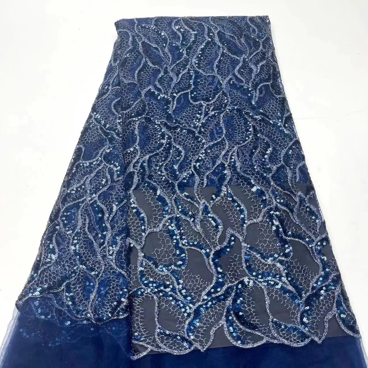 

Nigerian Navy Blue Sequins Lace Tulle Fabric 2022 French High Quality Mesh Lace 5 Yards Fabric For Women Wedding Party Dress Sew