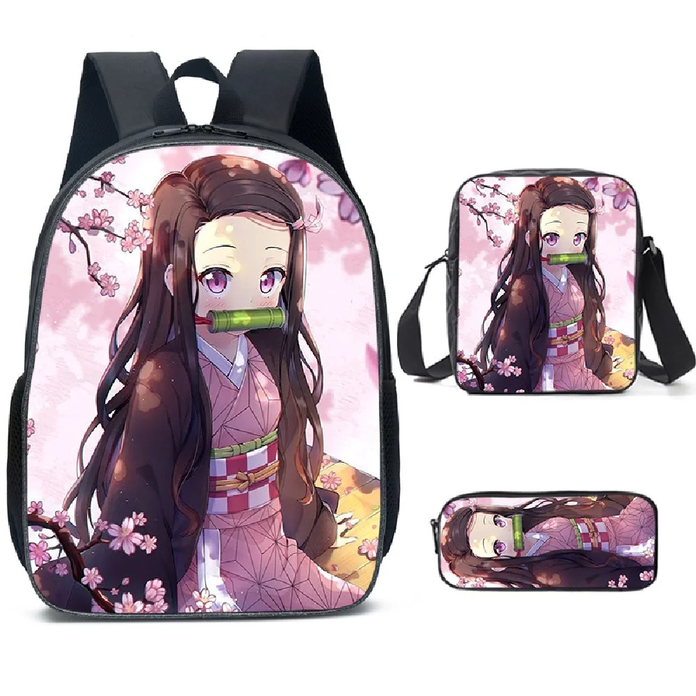 3 Piece Demon Slayer Nezuko Children New Anime Backpacks Girls Princess Student School Pen Bags Kids Shoulder Bag Drop Shipping