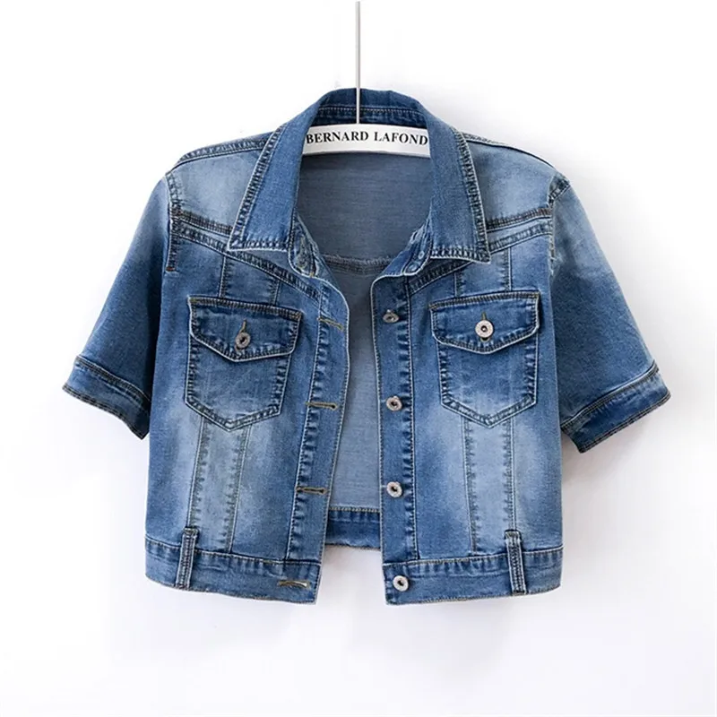 

Vintage Blue Elasticity Slim Denim Jacket Coat Women Casual Short Cowboy Outerwear Big Pocket Half Sleeve Jeans Jackets Female