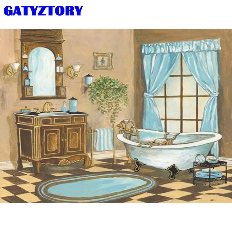 

GATYZTORY Full Square Round Diamond Painting Bathtub Diamond Embroidery Bathroom Landscape Cross Stitch Rhinestone Mosaic Handic