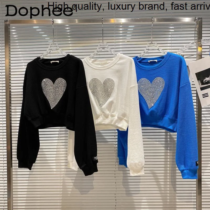 

Shape Fashion Heart Rhinestone Pattern Hoodies Women Loose Crop Black and White Pullover Sweatshirt Top 2023 New Spring Clothing