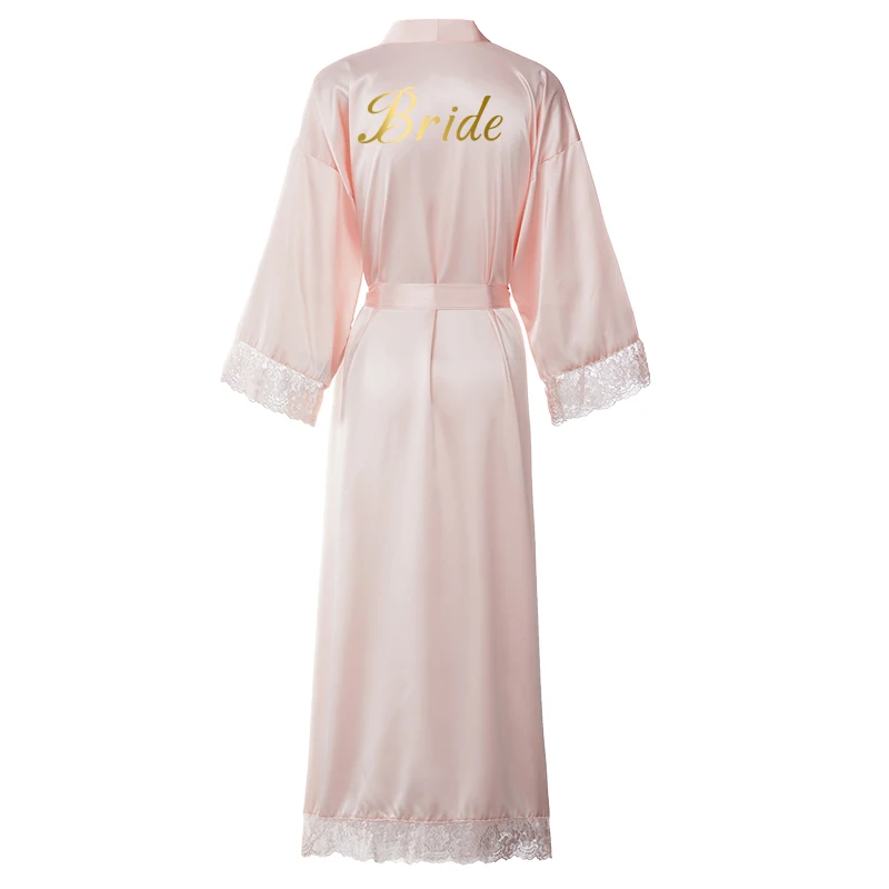 Satin Silk Lace Robe Bride Bridesmaid Robes Wedding Bridal Long Robe Bathrobe Women Dressing Sleepwear Blush