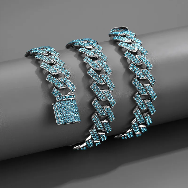 

9/11/15MM Bling Iced Out Blue Vintage Crystal Cuban Link Chain Necklace for Men Rock Punk Hip Hop Miami Cuban Choker Jewelry