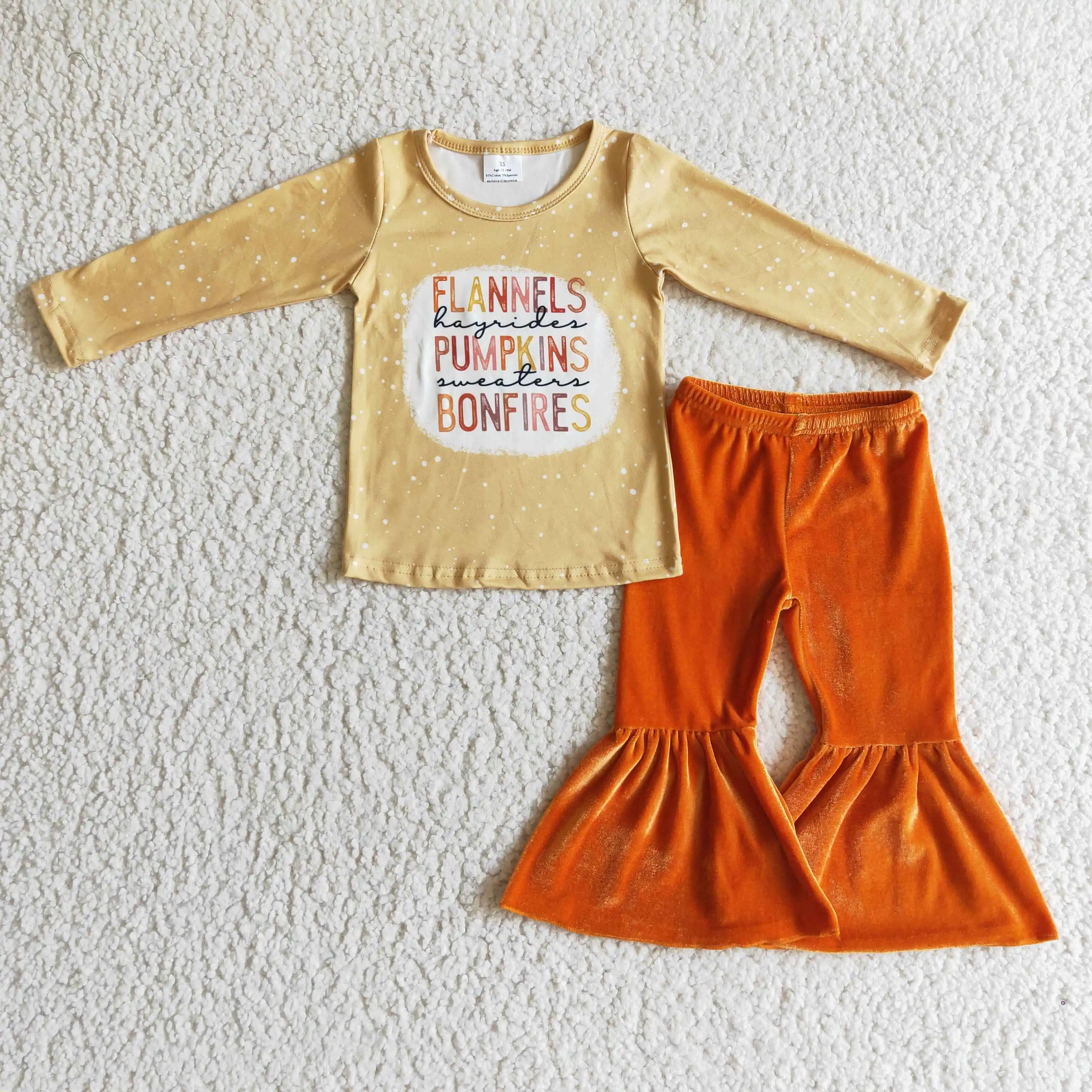 

W holesale RTS осенние наряды для маленьких девочек, детские оранжевые бархатные штаны с колокольчиками, Детские комплекты одежды с тыквой