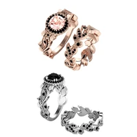 rose flower set ring female creative vintage couple ring set two piece jewelry black rhinestone ring and botanical jewelry