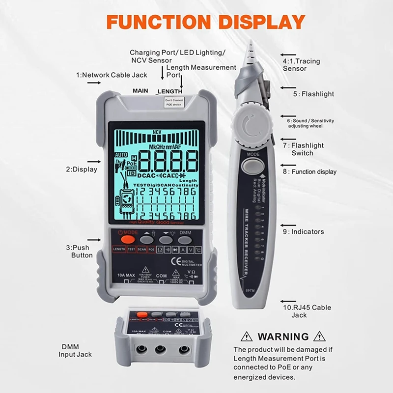 Сетевой тестер и цифровой мультиметр 2 в 1 для CAT5 CAT6 измеритель длины тонера с