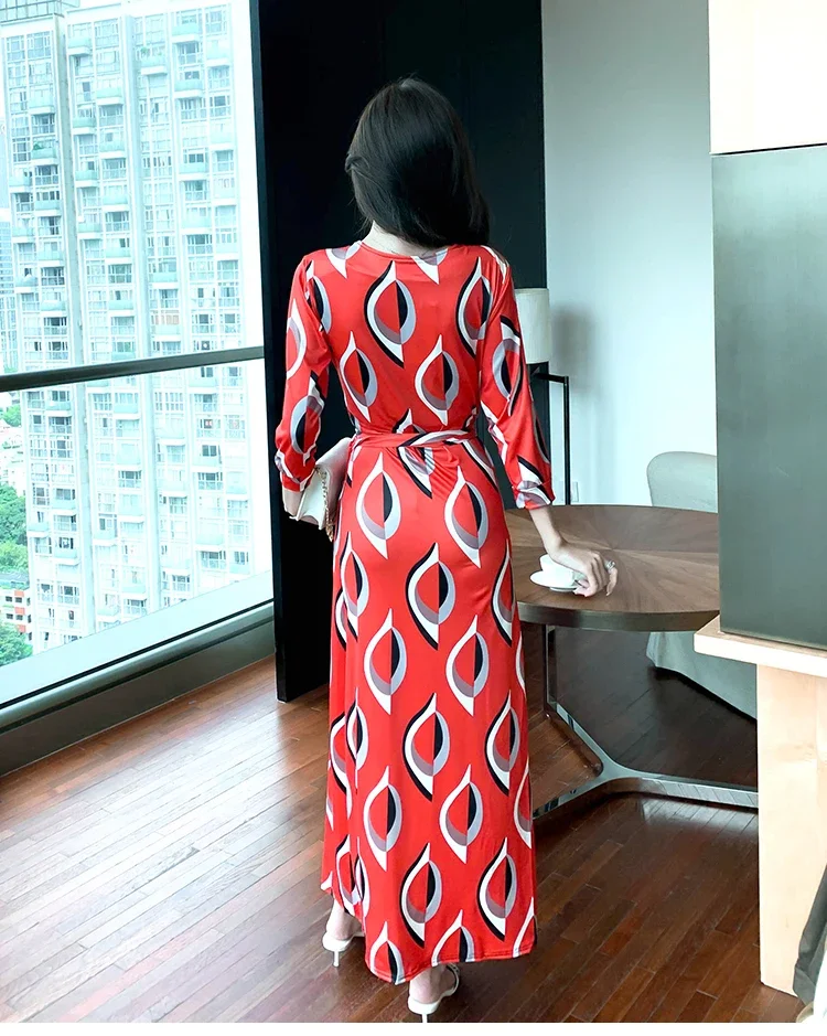 Женское летнее платье шикарное красное с принтом до пола высокой талией Женские