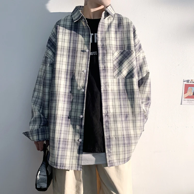 Men's Plaid Long Sleeve Shirts Art Style Autumn Korean Shirt Woman Fashion Trend Casual Oversize Shirt Quality Clothing 2022 New