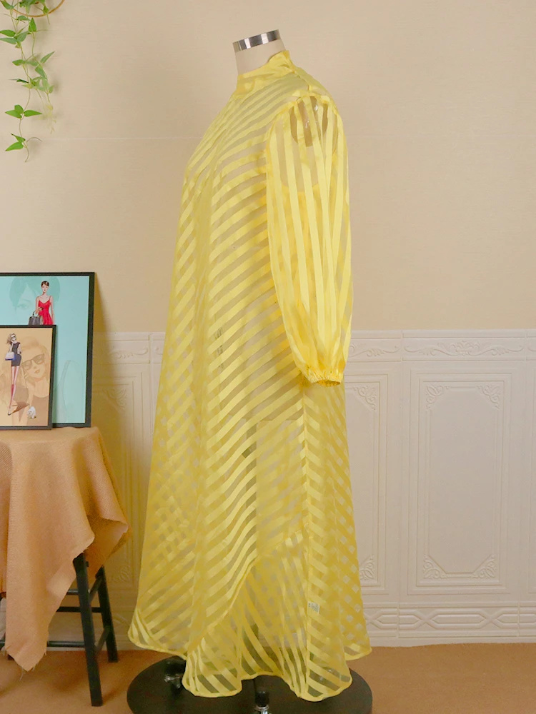 Платье-рубашка летнее прозрачное желтое с длинным рукавом воротником-стойкой -