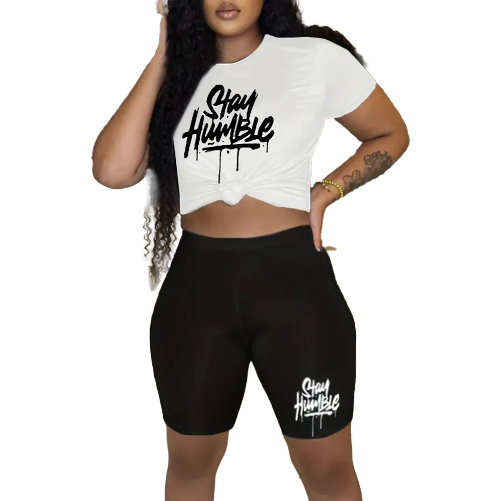 Humble Heart monogram print two-piece set crew neck short-sleeved T-shirt and high-waisted cycling shorts women's wear