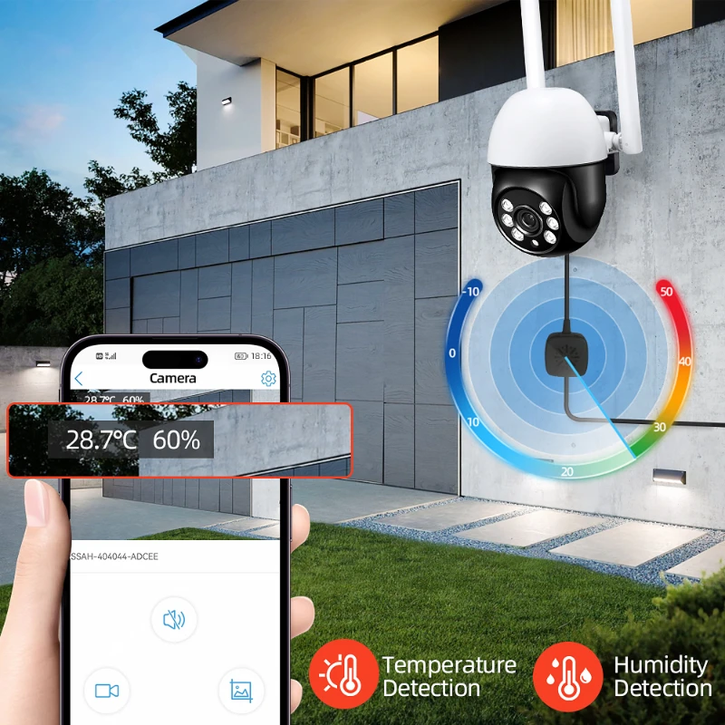 

1080P HD Auto Human Tracking Temperature Humdity Detector Sensor Smart Home P2P 2MP Wifi Color IR Vision IP PTZ Camera