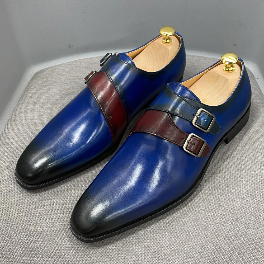 Mens Blue Genuine Calf Leather Loafer Wedding Business Formal Shoes For Men