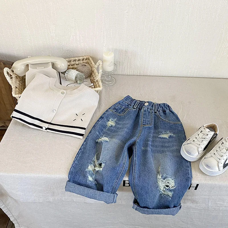

Children's Pants Boys' Ripped Jeans Baby 2023 Spring and Autumn New Boy Korean Style Casual Trousers Fashion