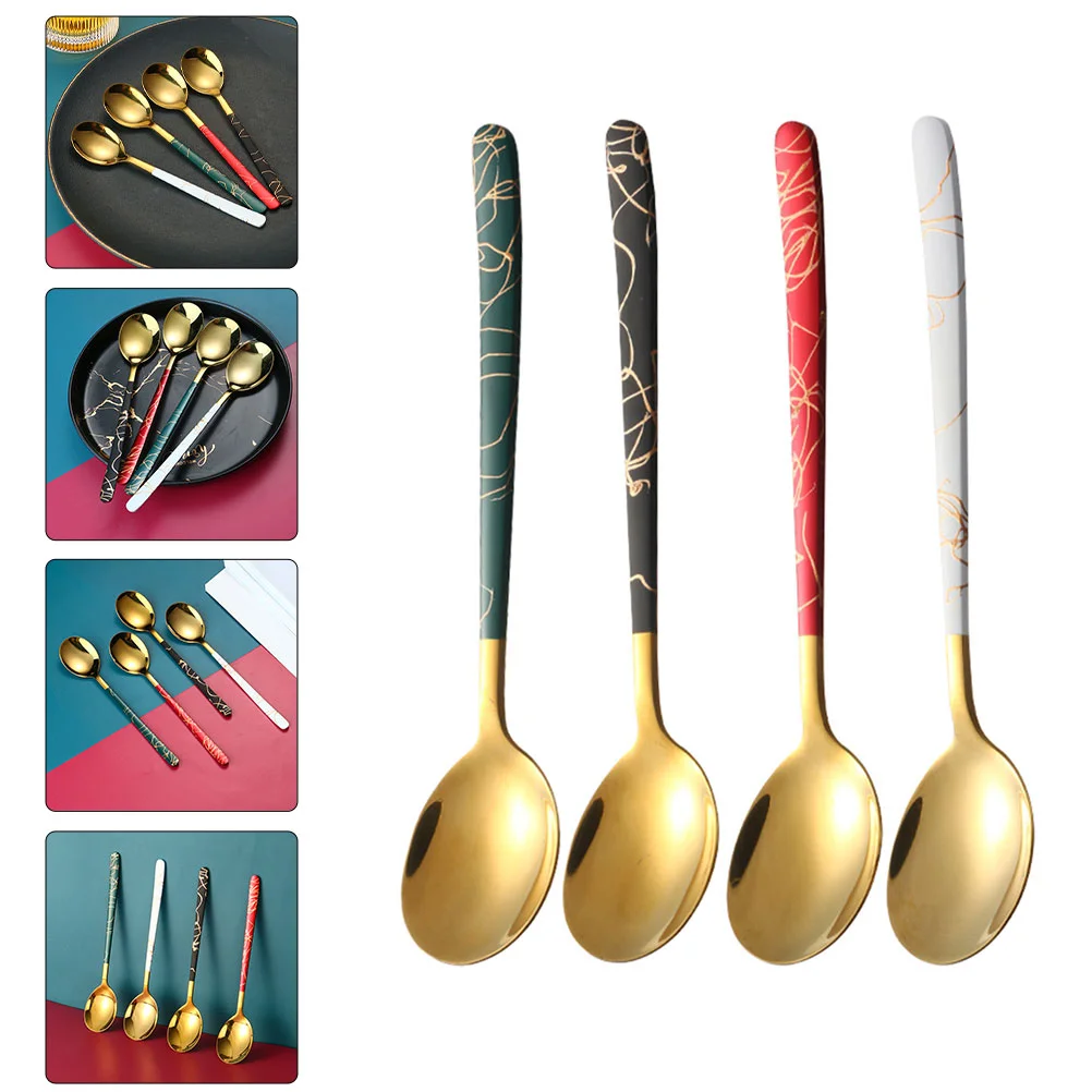 

4Pcs Stirring Smooth Multi-use Long Handle Spoons Ice Cream Spoon Mixing Spoons for Home Kitchen Canteen Dessert