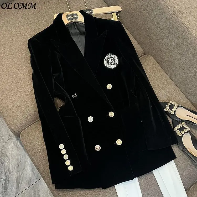 Autumn And Winter New Velvet Suit Coat High Quality Commuter Versatile Slim Medium Festival Black Jacket Korean Women Tops