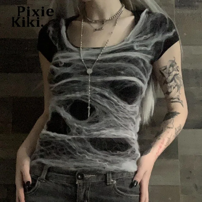 

Черные футболки PixieKiki Y2k, одежда для гранж, футболки с графическим рисунком, уличная одежда, женские топы с коротким рукавом, верхняя одежда в...